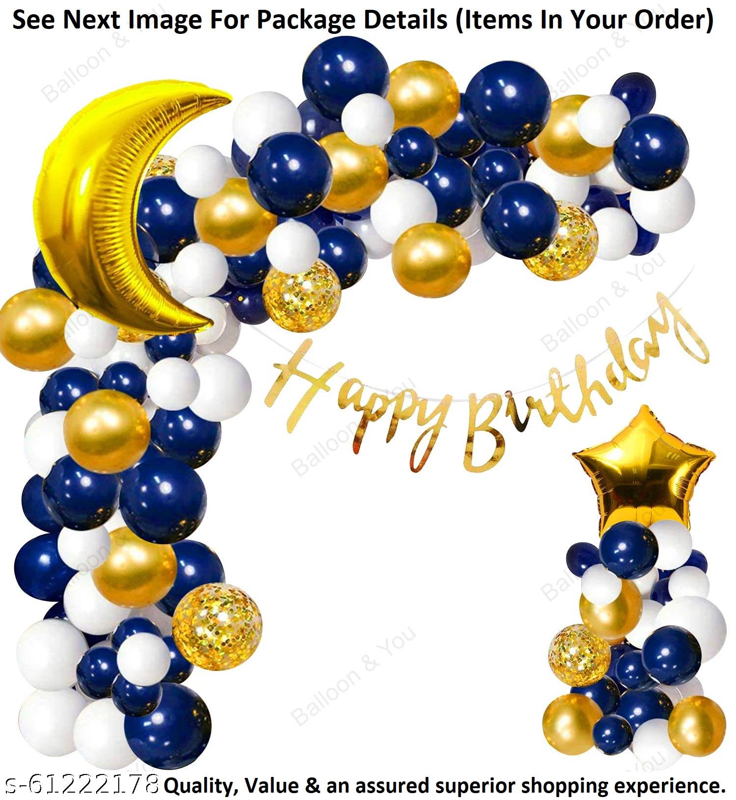 Birthday Decorations, Birthday Ka Saman, Royal Blue Decoration Combo Kit Of 76-Blue Cursive HBD Banner(13)+Foil 18? Golden Moon(1)+Foil Golden 18?Star(1)+Golden Confetti Balloons(3)+Metallic Balloons Blue(20)+White(20)+Golden(18)