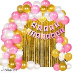 Happy Birthday Decoration Kit for Girls - 64Pcs Combo Pink, White and Golden Metallic Rubber Birthday balloons Princess Theme for Girls Decoration, Foil Curtain, Happy Birthday Banner, Birthday Decoration Set