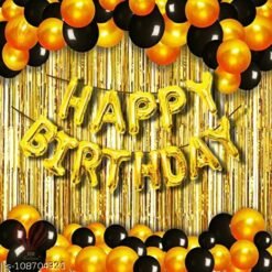 Happy Birthday Golden Foil Letter Balloons(13 foil latter 1 pack)With 30 Pic Black Gold Balloons And 2 Pcs Golden Metallic Fringe Shiny Curtains(Pack Of 45)