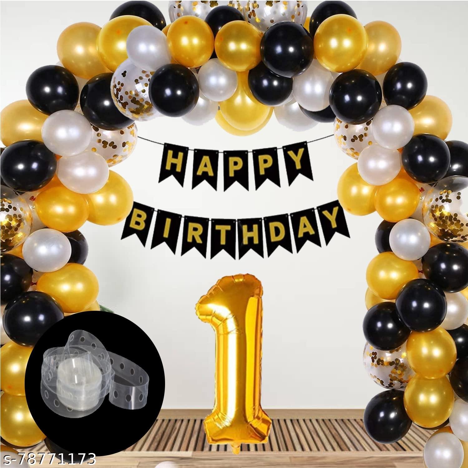 Happy Birthday 1 Year Decoration kit For Boy and Girl Birthday Party Decoration 33 Pcs Golden Combo Items 10 Golden 10 Silver 10 Black Latex Balloons 1 Birthday Banner 1 Arc Tape