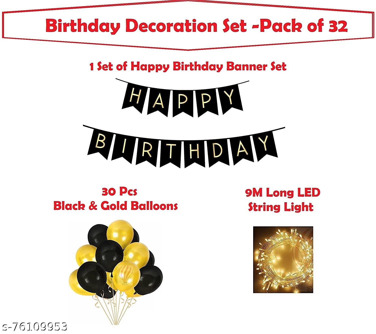 Black Gold Balloons & Banner Birthday Decorations Kit for Boys & Girls with Rice Lights LED Backdrop- Pack of 32 (Set of 32) - Image 2