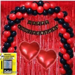NEW LOOK HAPPY ANNIVERSARY DECORATION KIT SET OF 36 HAPPY ANNIVERSARY BNR 2 RED HEART 2 RED CURTAIN 30 RED BLACK MAGIC CANDLE FREE