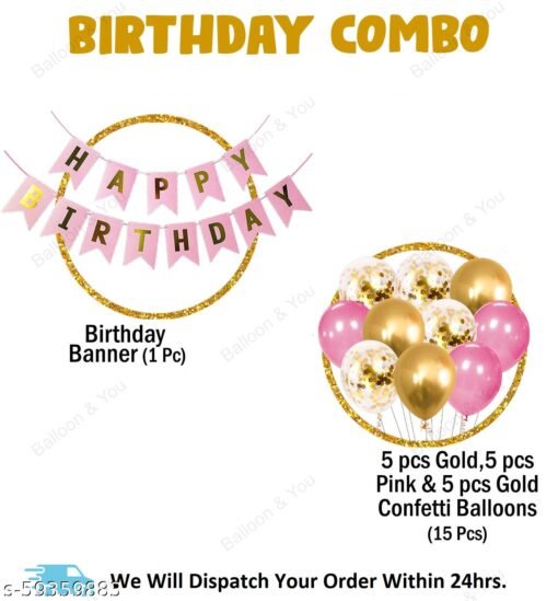 Happy Birthday Decoration, Birthday Decorations, Birthday Ka Saman, 16Pcs Happy Birthday Banner, Pink-Golden Balloons with Golden Confettie and Golden Swirls for Girls, Wife or Adults Birthday Decoration Party Supplies - Image 2