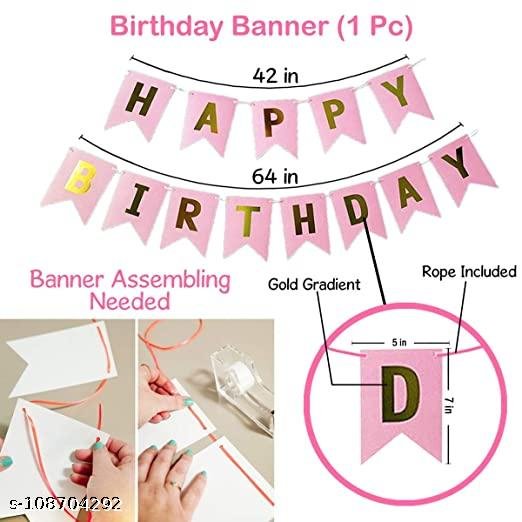 Happy Birthday Decoration Kit for Girls - 64Pcs Combo Pink, White and Golden Metallic Rubber Birthday balloons Princess Theme for Girls Decoration, Foil Curtain, Happy Birthday Banner, Birthday Decoration Set - Image 3