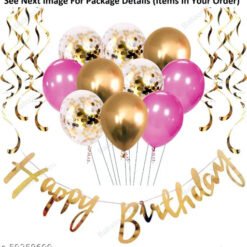 Graceful Party Supplies Happy Birthday Decoration, Birthday Decorations, Birthday Ka Saman, 16Pcs Happy Birthday Foil Banner, Pink-Golden Balloons with Golden Confettie and Golden Swirls for Girls, Wife or Adults Birthday Decoration