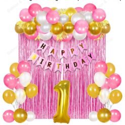 Birthday Decorations, Birthday Ka Saman, 1st First Birthday Decoration For Baby Girl Combo Kit 28Pcs Stylish Latest Pink White Birthday Set / Photo Booth Backdrop Decoration Materials Party Supplies