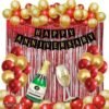 1 PC Happy Anniversary Banner + 2 PC Red Curtain + 1 PC Cheers Glass Foil Balloon + 1 PC Bottle Foil Balloon + 40 PCS Red and Gold metallic balloons + 1 PC Glue dot for anniversary decoration. Pack of 46