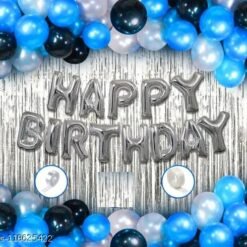 Happy Birthday Decorations For Boys Kit-HAPPY BIRTHDAY SILVER 2 SILVER CURTAIN 30 BLUE BLACK SILVER BALLON ARCH GLUE
