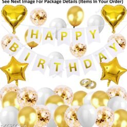 Birthday Decorations, Birthday Ka Saman, Happy Birthday Decoration, Happy Birthday Decorations Combo, Gold White Balloon Garland, Happy Birthday Banner, Gold Latex Confetti Sequin Balloon for Birthday Party