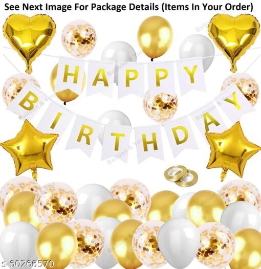 Birthday Decorations, Birthday Ka Saman, Happy Birthday Decoration, Happy Birthday Decorations Combo, Gold White Balloon Garland, Happy Birthday Banner, Gold Latex Confetti Sequin Balloon for Birthday Party
