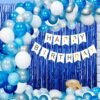 Happy Birthday Banner For Decoration Kit -52 Pcs Combo Set - White Happy Birthday Banner, Blue Curtain Foil, HD Metallic Light Blue, White and Silver Latex Balloons (White-Blue)