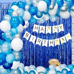 Happy Birthday Banner For Decoration Kit -52 Pcs Combo Set - White Happy Birthday Banner, Blue Curtain Foil, HD Metallic Light Blue, White and Silver Latex Balloons (White-Blue)