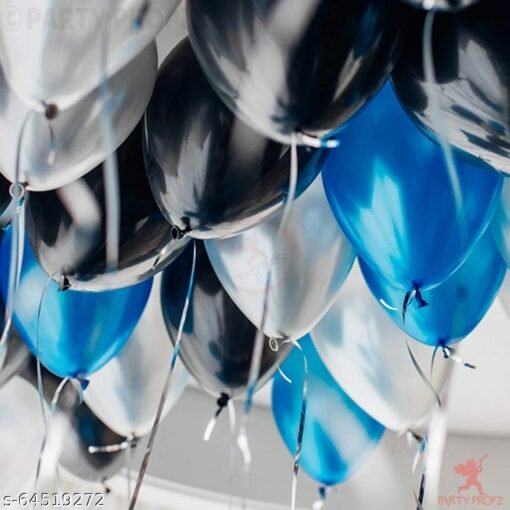 Birthday Decoration Set Including Silver Foil Happy Birthday Foil (13Letters), 2Pcs. 16" Foil Stars(Black,Silver) 30 Metallic (Black, Blue & Silver) Balloons - Image 3