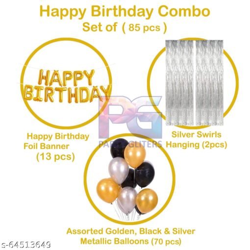 Happy Birthday Golden Foil Balloon Decoration Kit With Sliver Curtain 2pcs (6x3 Ft. Approx) + White,Black & Golden Color Latex Metallic Hd Balloon Pack Of 30 Pcs + Curling Ribbon Free Gift For Decoration Item - Image 2