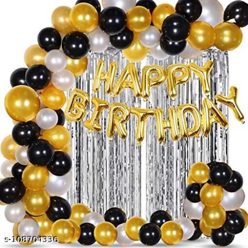 Happy Birthday Decoration Kit Combo - 53Pcs Black Golden Silver Items Set with 2Pcs Silver Foil Curtain,50 Pcs Metallic Rubber Balloons, Golden Happy Birthday Foil Balloon/ Balloon Set