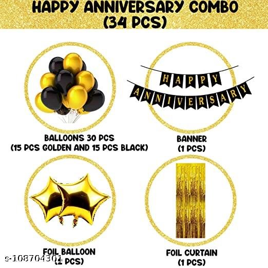 Happy Anniversary Decoration Kit For Home -34 Items Golden Combo Set Bunting, Curtains, Balloons, Foil Balloons anniversary decoration items For Bedroom - Image 2