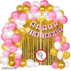 Birthday decoration kit for girls 64Pcs Packet includes: 2Pcs Golden fringe Foil Curtain, 1pc glue dots, 60Pcs Metallic pink balloons, golden baloons and white balloons, 1Pc pink Happy Birthday banner for birthday decoration items for girls.