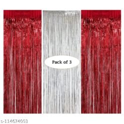 Metallic Fringe Foil Curtain for Birthday, Wedding, Anniversary Photo Booth Decoration (2 x Red & 1 x Silver, 3 ft x 6 ft) - Pack of 3 Party Supplies
