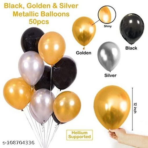 Happy Birthday Decoration Kit Combo - 53Pcs Black Golden Silver Items Set with 2Pcs Silver Foil Curtain,50 Pcs Metallic Rubber Balloons, Golden Happy Birthday Foil Balloon/ Balloon Set - Image 4