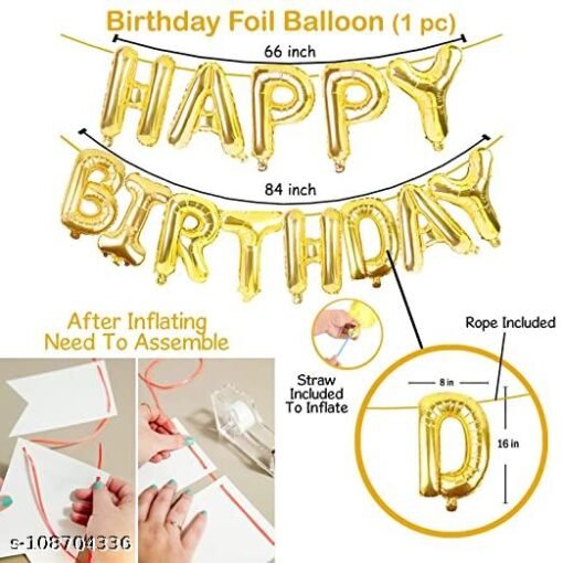 Happy Birthday Decoration Kit Combo - 53Pcs Black Golden Silver Items Set with 2Pcs Silver Foil Curtain,50 Pcs Metallic Rubber Balloons, Golden Happy Birthday Foil Balloon/ Balloon Set - Image 3