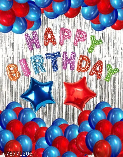 Red blue happy birthday party theme decoration kit combo 35 pcs foil banner curtain balloon for girls, boys ,adults
