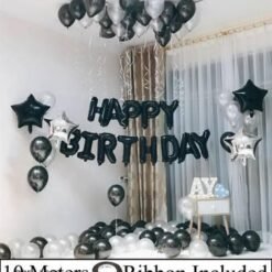 Happy Birthday Letter Foil Balloon Set with Star Foil , Metallic Balloons & Curling Ribbon for Birthday Party Decoration / Balloons Arch Strip / Birthday Decorations Kit Letter Balloon  (Black, Silver, Pack of 48)