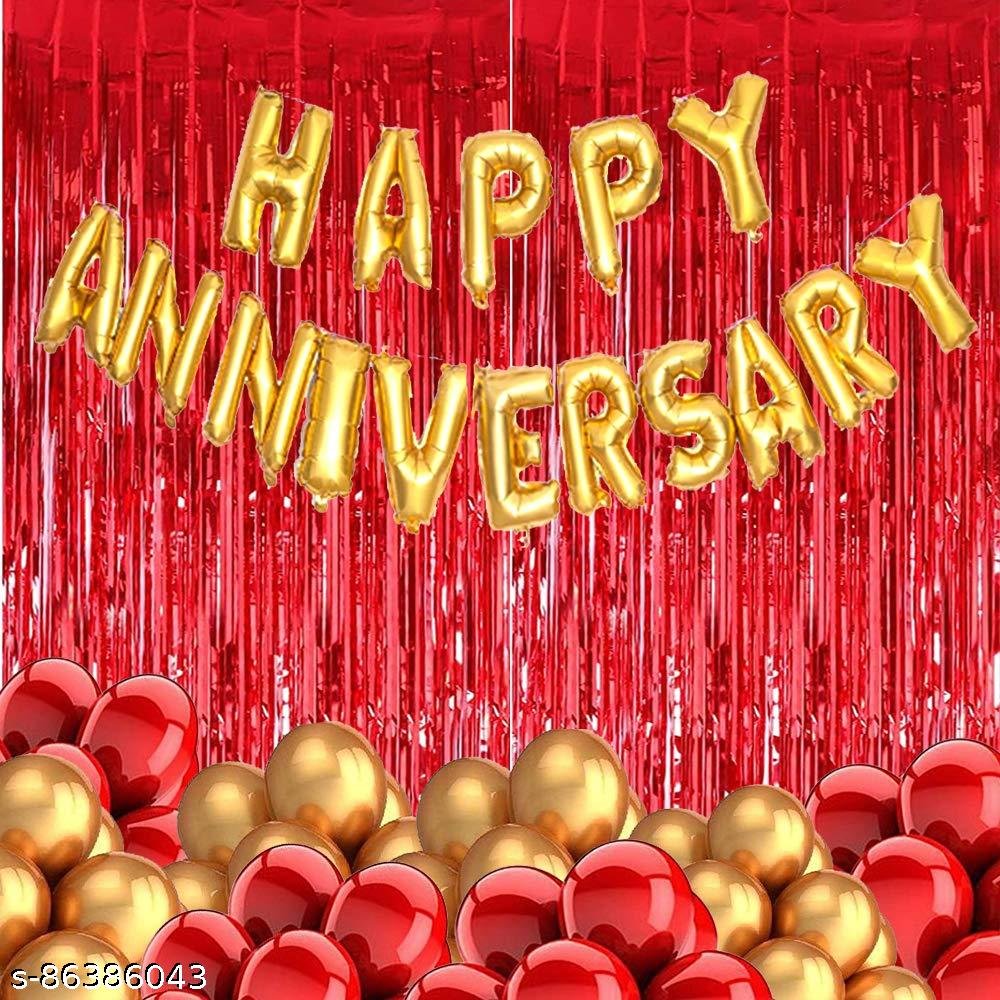 Anniversary Decoration For Home Kit with Happy Anniversary Banner, Curtains & Heart Foil with HD Metallic Balloons Decoration Kit Set Decorations Items Combo