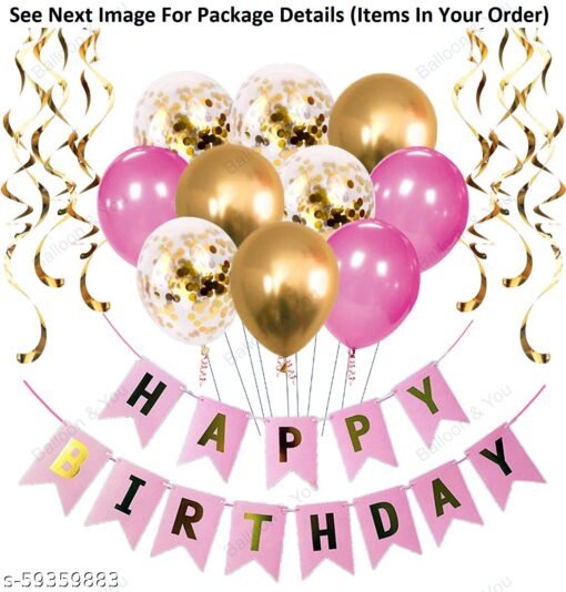 Happy Birthday Decoration, Birthday Decorations, Birthday Ka Saman, 16Pcs Happy Birthday Banner, Pink-Golden Balloons with Golden Confettie and Golden Swirls for Girls, Wife or Adults Birthday Decoration Party Supplies