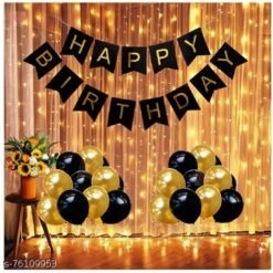 Black Gold Balloons & Banner Birthday Decorations Kit for Boys & Girls with Rice Lights LED Backdrop- Pack of 32 (Set of 32)