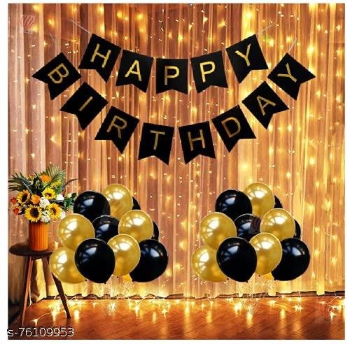 Black Gold Balloons & Banner Birthday Decorations Kit for Boys & Girls with Rice Lights LED Backdrop- Pack of 32 (Set of 32)