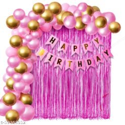 Happy Birthday Decoration, Birthday Decorations, Birthday Ka Saman, Happy Birthday Banner for Decoration Kit -52 Pcs Combo Set ? Pink Happy Birthday Banner, Pink Curtain Foil, Metallic Golden and Pink Latex Balloons