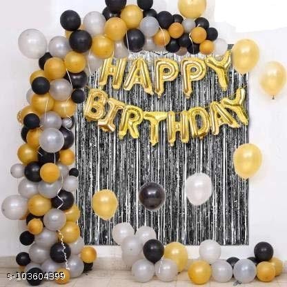 Happy Birthday Black Banner + 2pcs Fringe Foil Curtain (Big Size) + 5pcs Confetti with 40pcs HD Metallic Balloons (Pack of 48) (Rose Gold) - Image 3