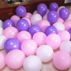 Party Balloons For Decoration Pack Of 100 Pieces Bundled With Glue Dots Roll And Balloon Curling Ribbons (Purple Pink White)