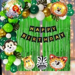 Jungle Theme Birthday Decoration kit - 72Pcs Combo with LED fairy light, Black banner, Round jungle foil, jungle foil balloons, Arch Tape, Metalic balloons curtains, Crome balloons Deco