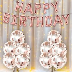 Rose Gold Birthday Decoration Kit - Huge 15 Pcs | Birthday Decoration Items | White Net Curtain For Birthday Decoration With Lights | Rose Gold Balloons For Birthday Decoration | Confetti Balloons