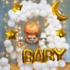 Golden Baby Decoration Combo 57Pcs Set With Lights Foil Curtain Moon & Star Foil Balloon Latex Balloons With Baby Letter For Welcome Baby Arrival Home, Kids Birthday Decorations Items