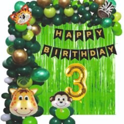 Jungle Animal Forest Theme 3rd Birthday Party Decorations for boys- 51 Pcs Combo - Bunting Animal Face Shape Foil, Chrome Rubber Balloons - Jungle Theme Birthday Decoration for theme birthday party decorations