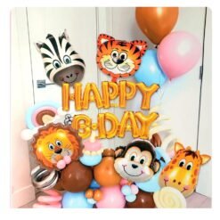 Jungle Safari Theme Party Balloon Garland Kit, 49 Pc Pack With Animal Balloons, Happy B-Day,Latex Balloons and Pipe Balloon, Ribbon, garland and glue dots combo pack f
