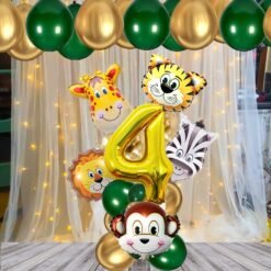 Jungle Safari Theme 4th Birthday Decoration / Wild Animal Foil Balloon, Dark Green Balloons, Gold Metallic Helium Balloons, No. 4 Foil/ Party Supplies/ Zoo Decor For Kids(Pack of 18pcs)
