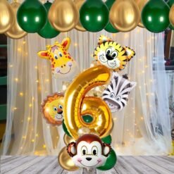 Jungle Safari Theme 6th Birthday Decoration / Wild Animal Foil Balloon, Dark Green Balloons, Gold Metallic Helium Balloons, No. 6 Foil/ Party Supplies/ Zoo Decor For Kids(Pack of 18pcs)