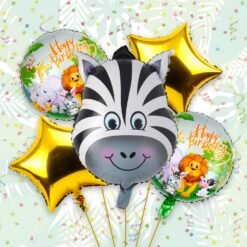 Happy Birthday Foil Balloon - Set of 5 Animal Foil Balloons | Zebra Foil Balloon | Balloon Decoration for Birthday | Happy Birthday Decoration Kit | Jungle Theme Balloons for Decoration