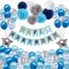 Happy Birthday Decoration Kit Combo Banner, Balloon, Metallic, Confetti, Crown Foil And Glitter Cake Topper For Boys, Husband, Adult, 30th 40th 50th 60th Party Supplies (Blue, 61pcs Set)