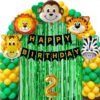  2 Year Jungle Theme Birthday Decoration Kit Boys 37 Combo - Green, Yellow, Animal Face Foil Balloon, Green Birthday Backdrop Foil Curtain, Jungle Theme Banner Items