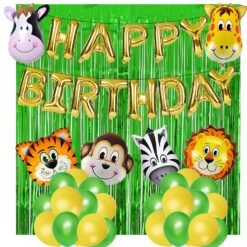 Happy Birthday Foil Balloons with Golden Foil Curtain, Lion, Tiger, Cow, Zebra, Giraffe, Monkey Face Foil Balloons for Jungle Theme Birthday Decoration Items Combo Set Pack of 41 Pcs