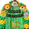  10 Year Jungle Theme Birthday Decoration Kit Boys 37 Set - Green, Yellow, Animal Face Foil Balloon, Green Birthday Backdrop Foil Curtain, Jungle Theme Banner Items