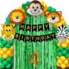  4 Year Jungle Theme Birthday Decoration Kit Boys 37 Combo Set - Green, Yellow, Animal Face Foil Balloon, Green Birthday Backdrop Foil Curtain, Jungle Theme Banner Items
