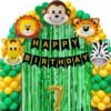 7 Year Jungle Theme Birthday Decoration Kit Boys 37 Combo Set - Green, Yellow, Animal Face Foil Balloon, Green Birthday Backdrop Foil Curtain, Jungle Theme Banner Items