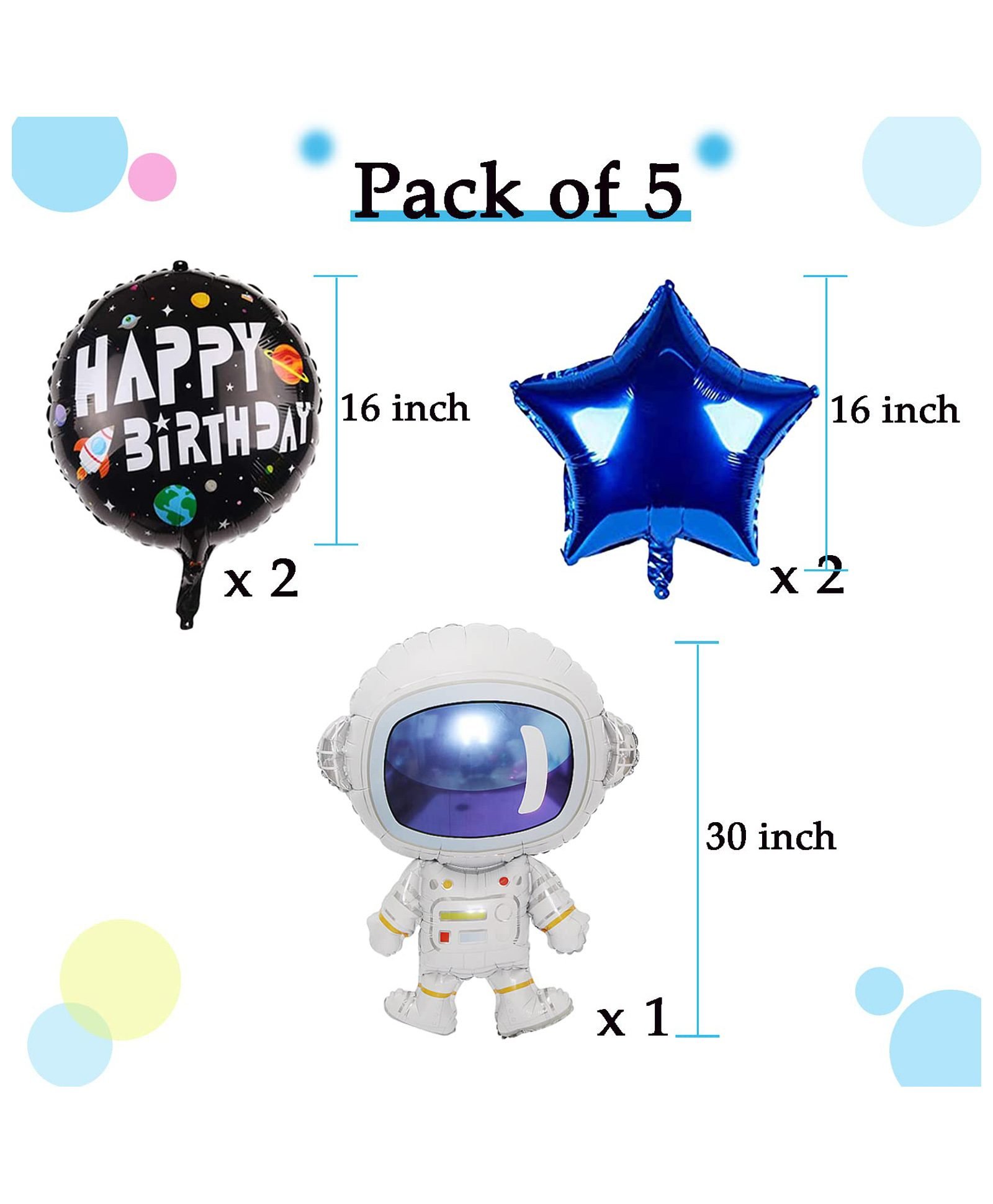 Astronaut and Space balloon Theme Birthday Foil Balloons Multicolour - Pack of 5 - Image 2