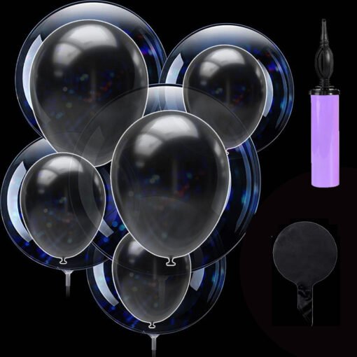 Transparent Bobo Balloons with latex Metalic Black Balloon With pump Combo for Birthday/Wedding/Anniversary/Indoor Outdoor Decoration,Family Reunion/Party Supplies/Items (Pack of 21pcs)