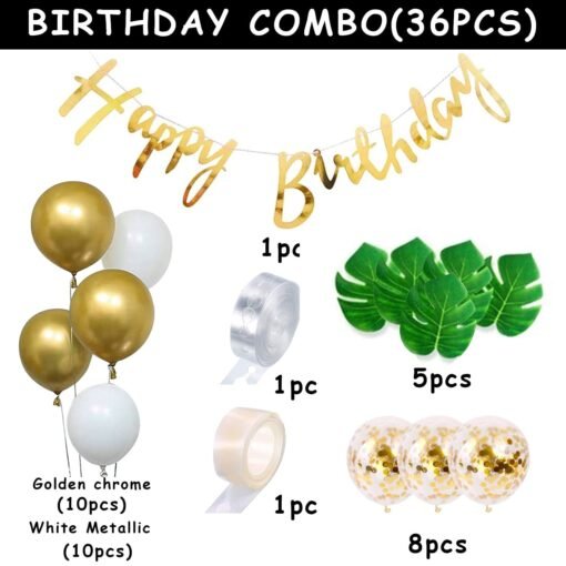 Golden Birthday Decoration Items - 36Pcs Happy Birthday Decoration Kit With Golden Balloons & Artificial Leaves | Golden Confetti Balloons for Birthday | Happy Birthday Banner (Cardstock) - Image 2